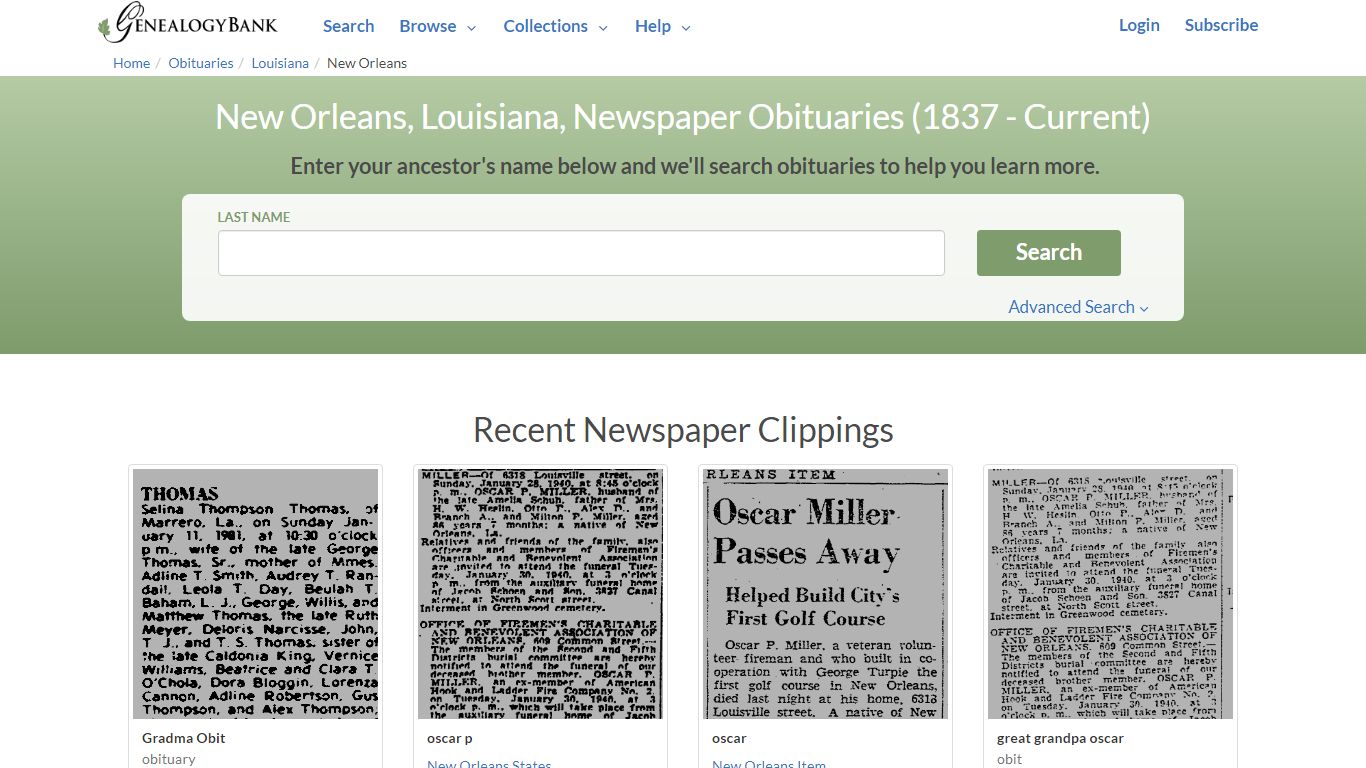 New Orleans, Louisiana Obituary Archive Search | GenealogyBank - NewsBank